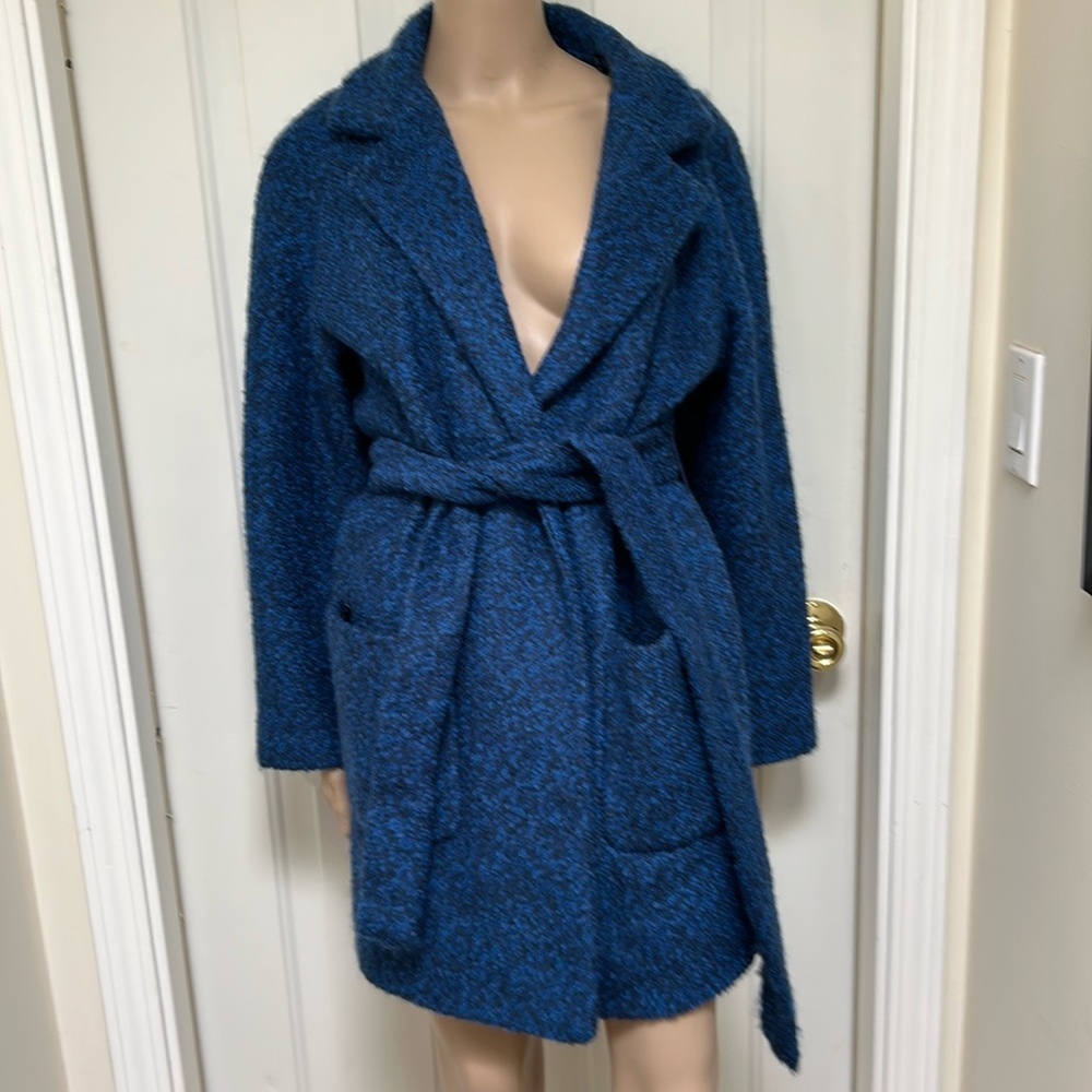 GANNI Women's Wool Blend Bouclé Fenn Robe Coat Marbled Blue Sz 38 US 6/M